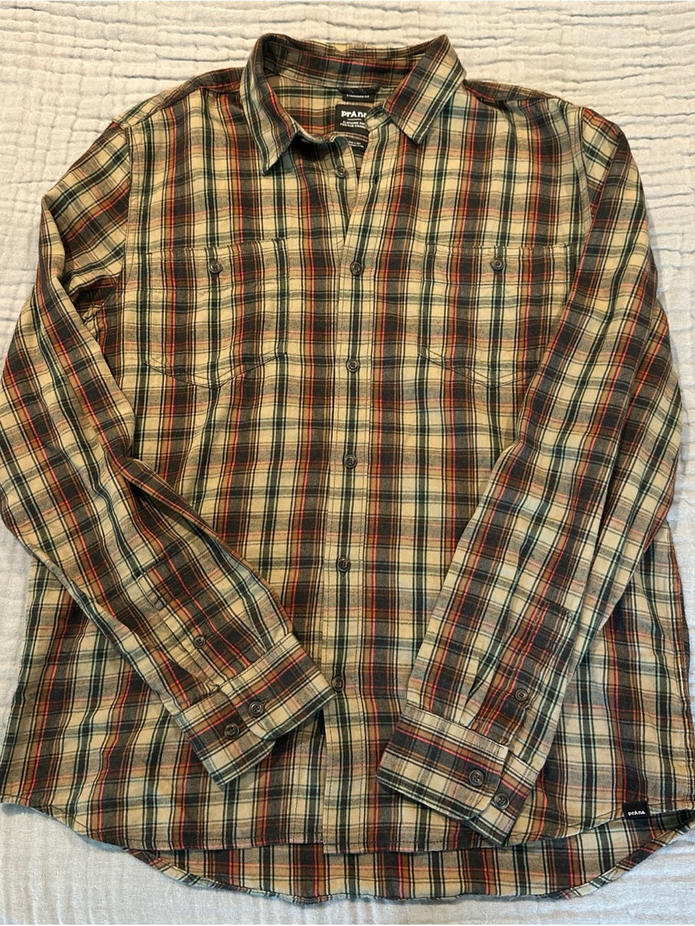 Prana Men's Plaid 100% Organic Cotton Flannel Shirt - Brown Orange & Green